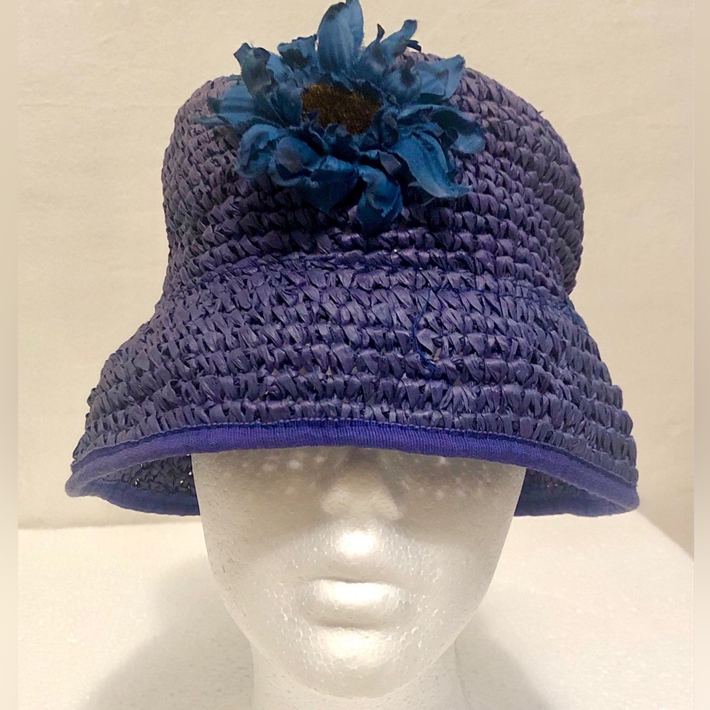 Blue Purple Woven Crochet Bucket Sun Hat Rafiia Raffia Natural Straw